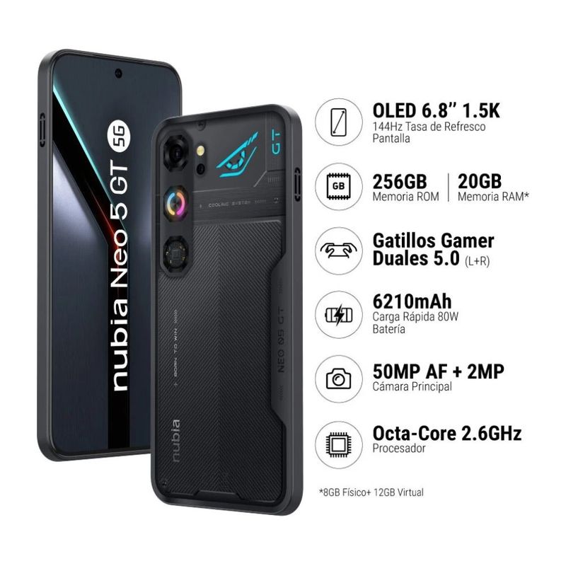Celular ZTE Nubia Neo 5 GT 5G 256 GB 8 GB RAM negro especificaciones