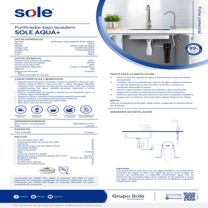 Purificador de agua Sole Aqua+ bajo lavadero, 20,000 litros frontal características