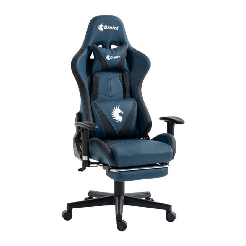 Silla gamer Dreizt Apolo reclinable con reposapiés, azul frontal oblicuo