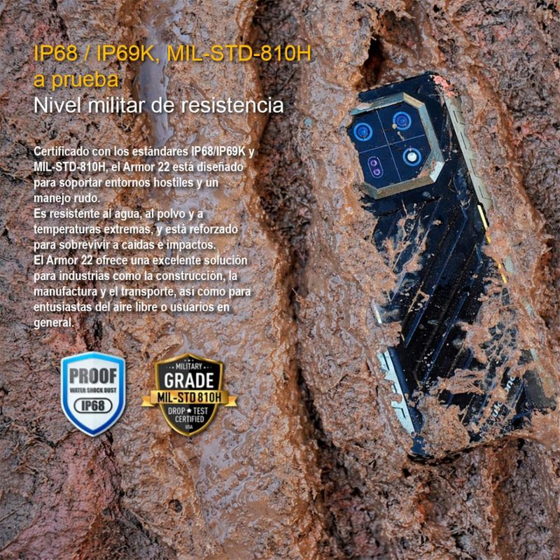 Celular Ulefone Armor 22 4G 256 GB 8 GB RAM IP68 negro certificaciones