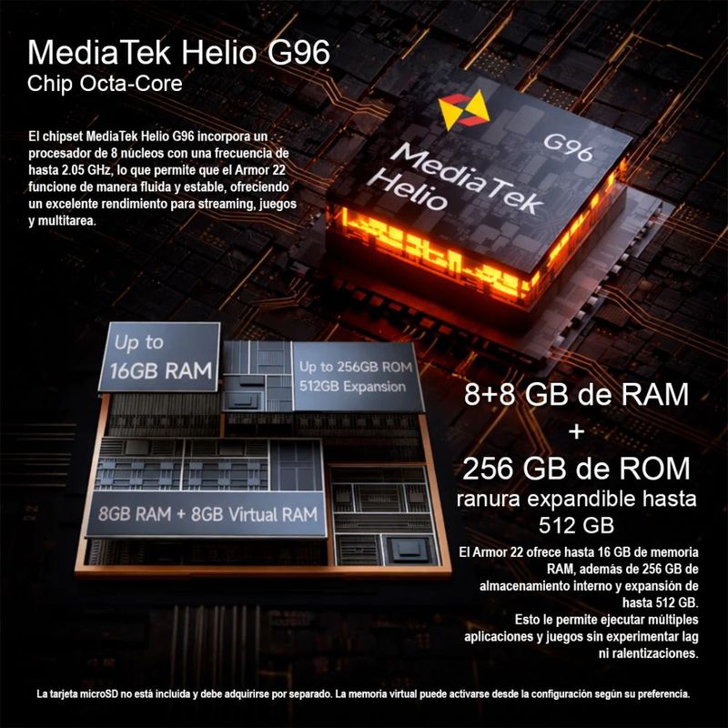 Celular Ulefone Armor 22 4G 256 GB 8 GB RAM IP68 negro procesador