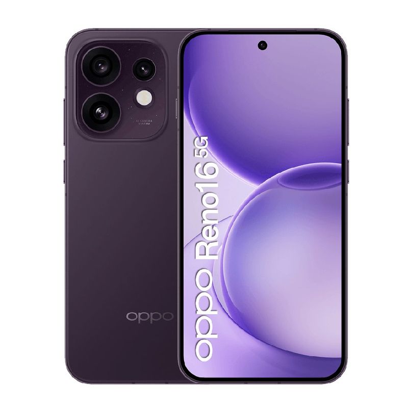 OPPO Reno16 5G: 256 GB y cámara frontal de 50 MP, morado frontal