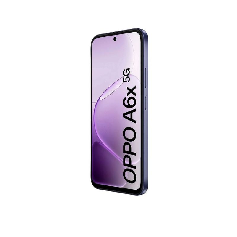 Oppo A6x 5G morado: batería de 6500 mAh y carga de 45 W frontal oblicuo