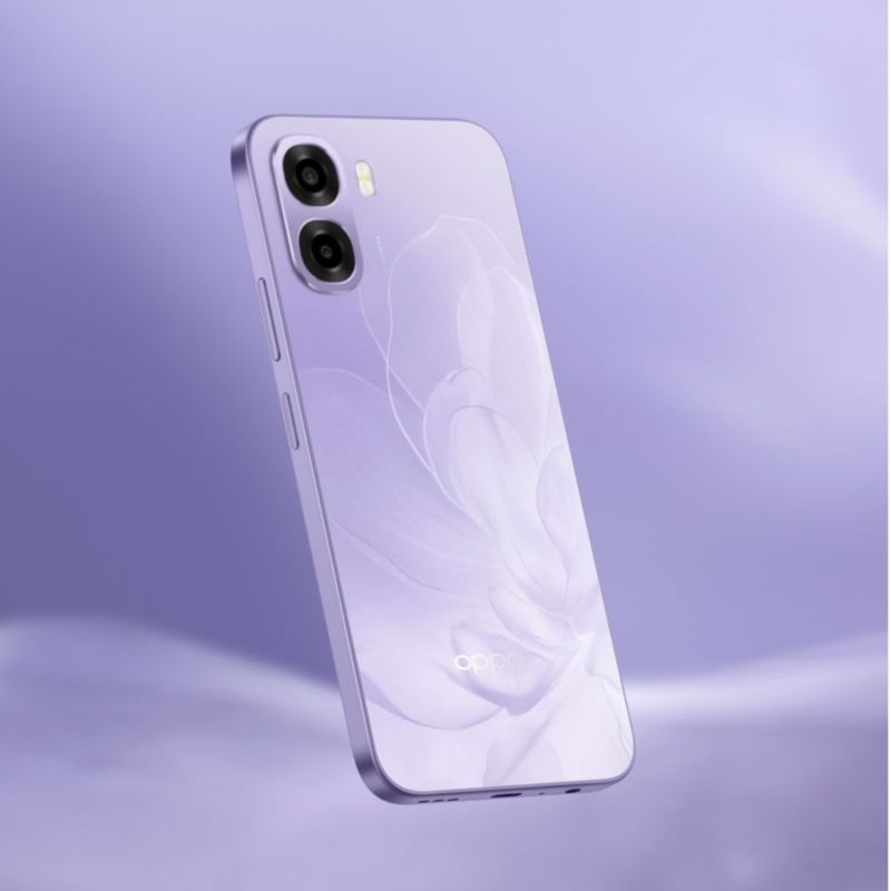 Oppo A6x 5G morado: batería de 6500 mAh y carga de 45 W dorsal oblicuo