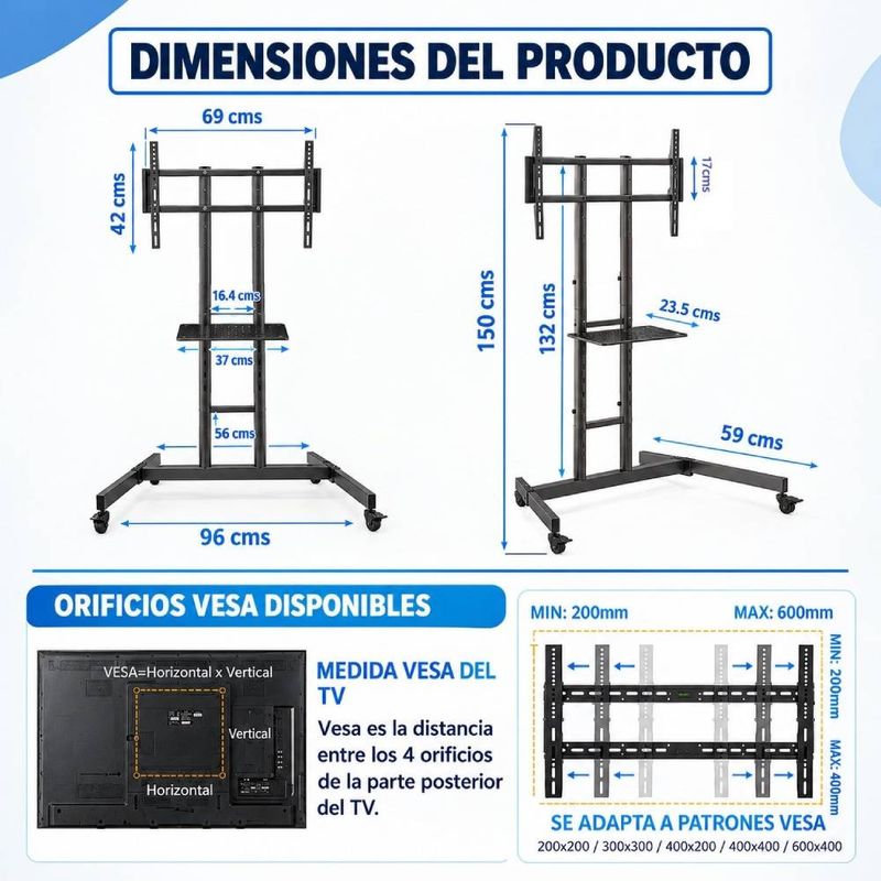 Rack Pedestal Expo Rack PED80 para TV 32" a 80" negro dimensiones
