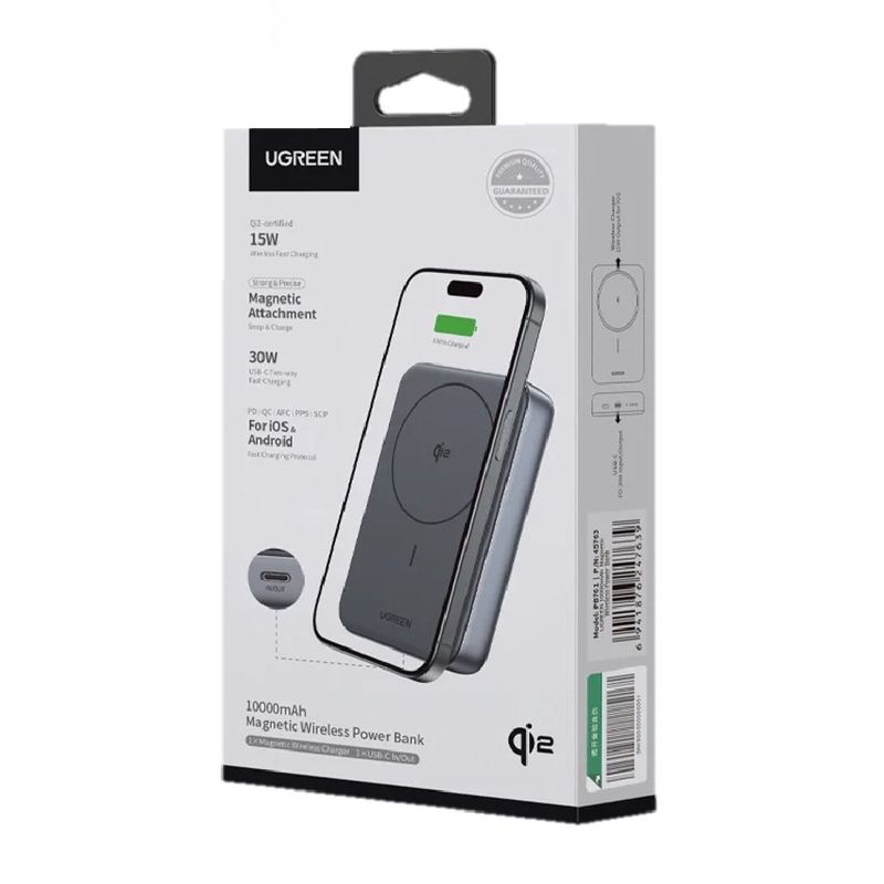 Batería externa UGREEN PB761 Qi2 10000 mAh y USB-C 30W frontal