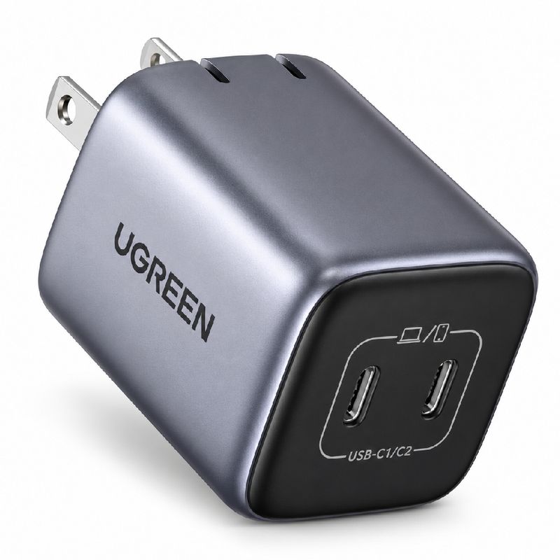 Cargador USB-C doble UGREEN 45 W para equipos compatibles frontal oblicuo