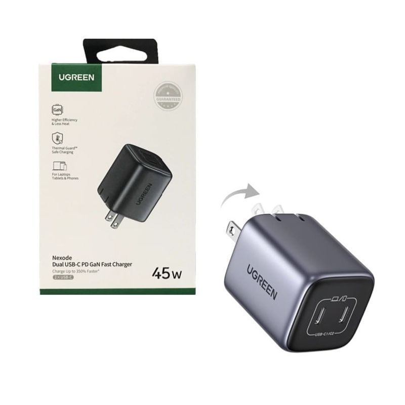 Cargador USB-C doble UGREEN 45 W para equipos compatibles frontal