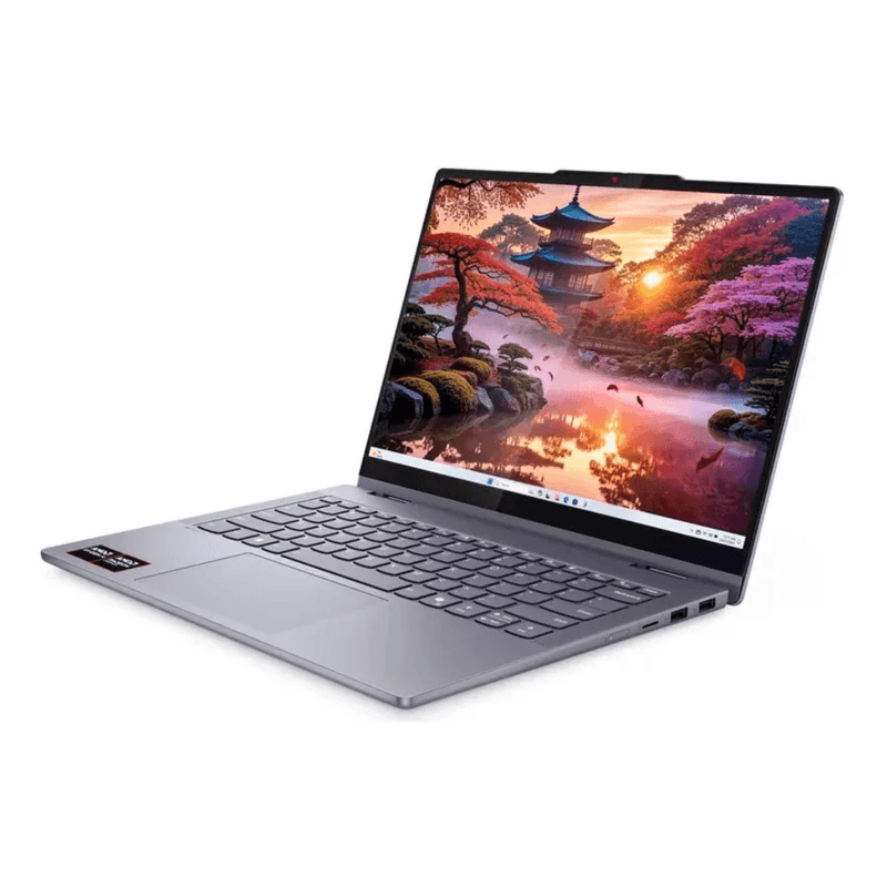 Laptop Lenovo convertible de 14" con Ryzen AI 7 y lápiz frontal oblicuo