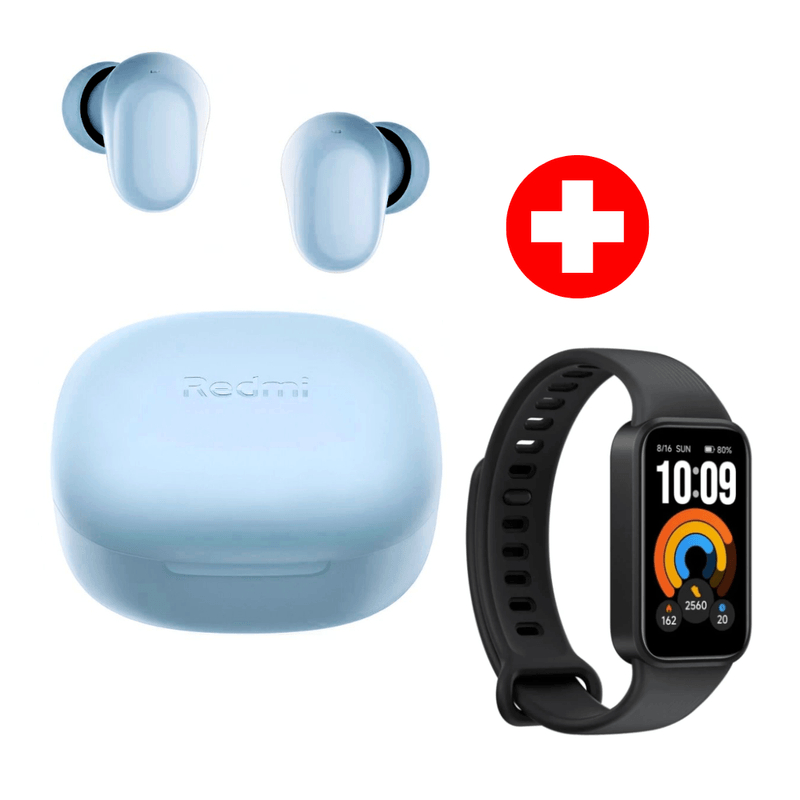 Audífonos Xiaomi Buds 6 Play y smart band celeste frontal