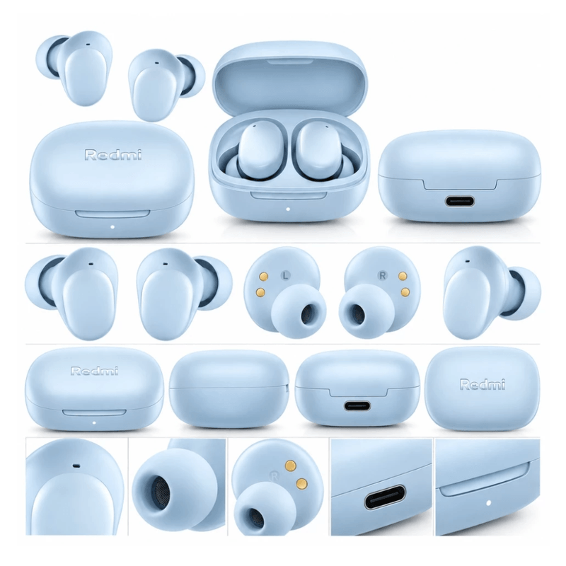 Audífonos Xiaomi Buds 6 Play y smart band celeste detalles