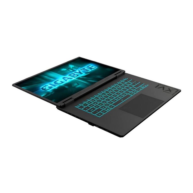 Laptop gamer Gigabyte A16 GA6H i7 RTX 5070 16GB 1TB negro abierto 180°