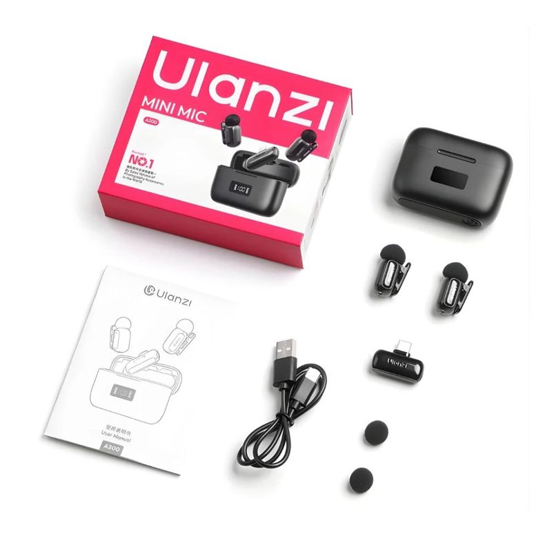 Micrófono Ulanzi A200 inalámbrico doble USB Tipo-C contenido de caja