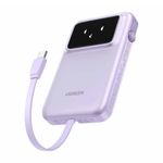 Batería externa Ugreen con cable integrado, púrpura frontal oblicuo