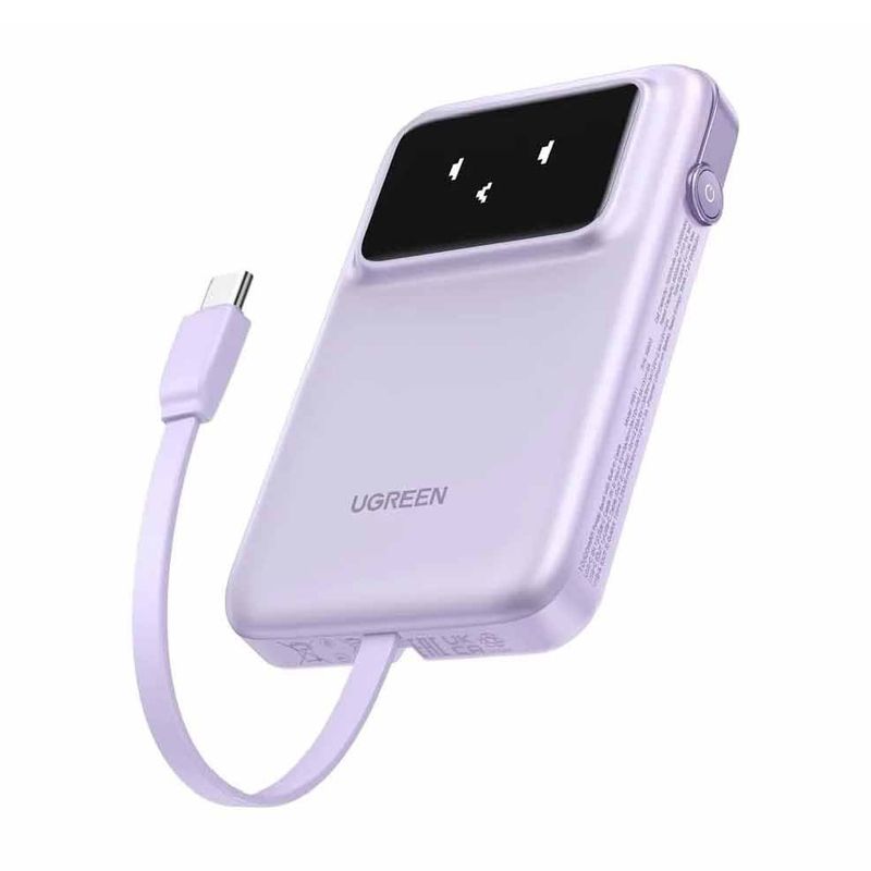 Batería externa Ugreen con cable integrado, púrpura frontal oblicuo