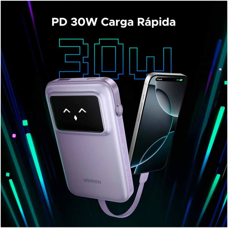 Batería externa Ugreen con cable integrado, púrpura batería