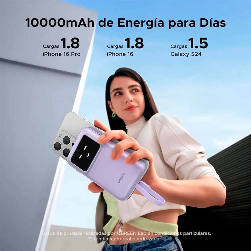 Batería externa Ugreen con cable integrado, púrpura garantía