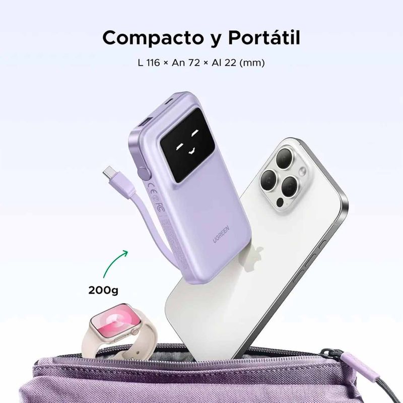 Batería externa Ugreen con cable integrado, púrpura carga rápida