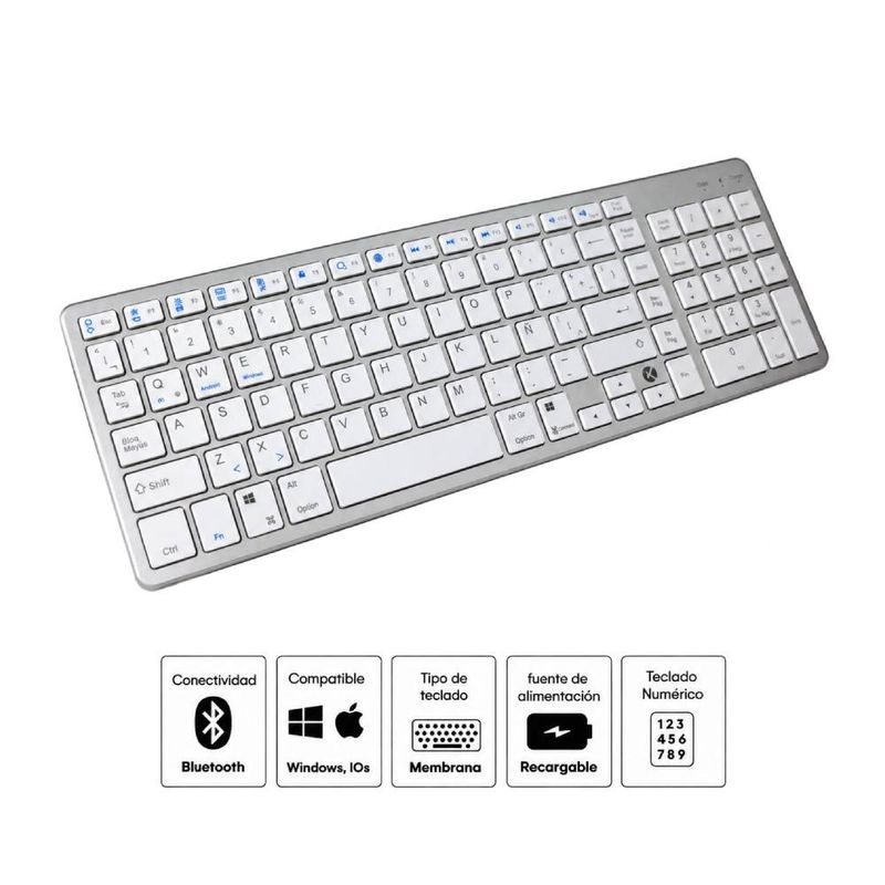 Teclado inalámbrico Kreed Bluetooth recargable blanco y plata especificaciones