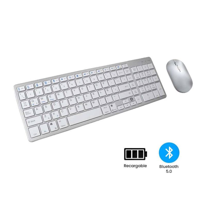 Teclado y mouse inalámbrico Kreed Bluetooth recargable blanco y plata especificaciones