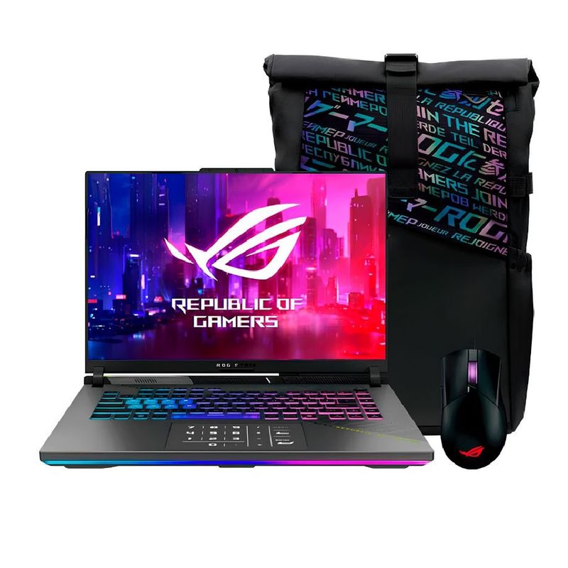 Asus ROG Strix G16 RTX 5060 con mochila y mouse frontal
