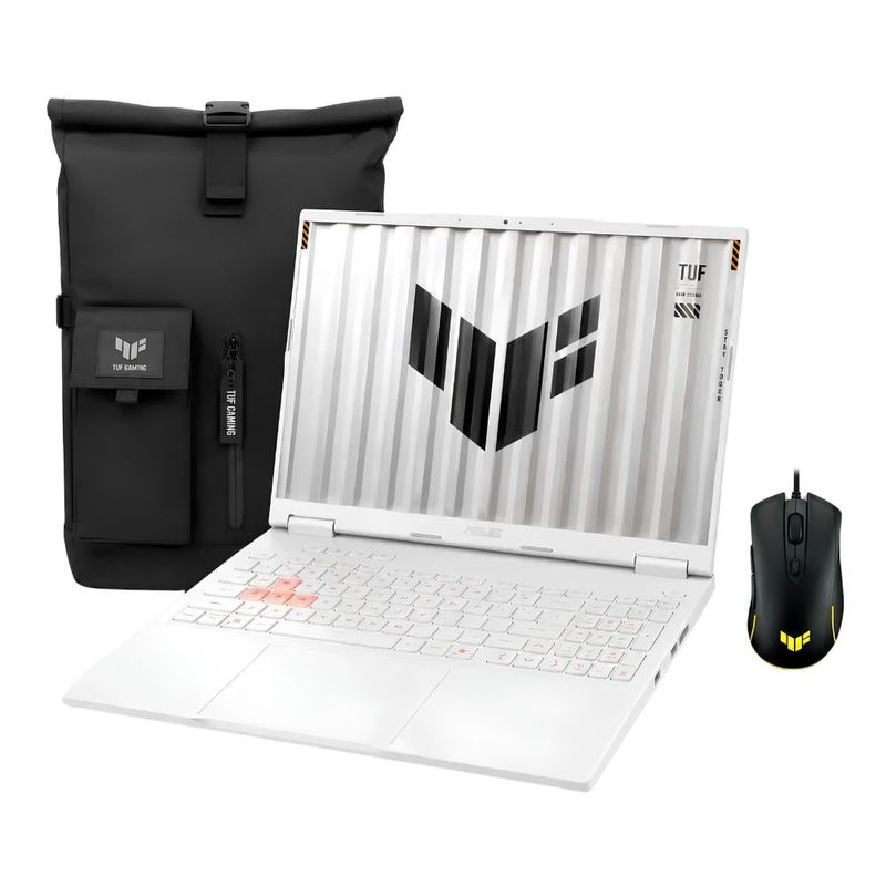 Asus TUF A16 RTX 5060 con mochila y mouse gamer frontal oblicuo
