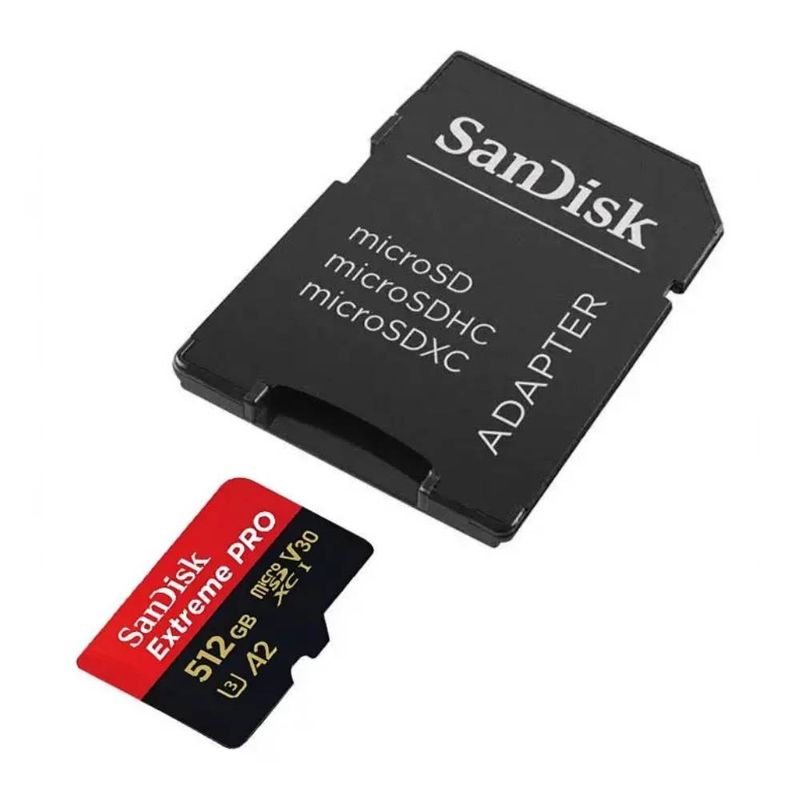 MicroSD SanDisk Extreme PRO 512GB 200MB/s Clase 10 frontal oblicuo con adaptador