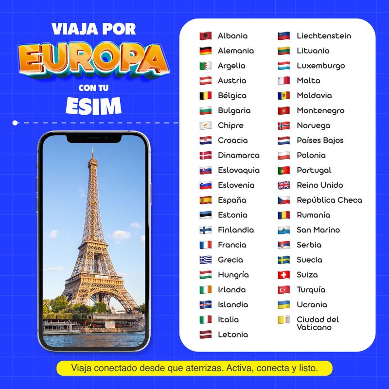 eSIM MIFI Europa 30 GB: internet para viajar 30 días frontal cobertura