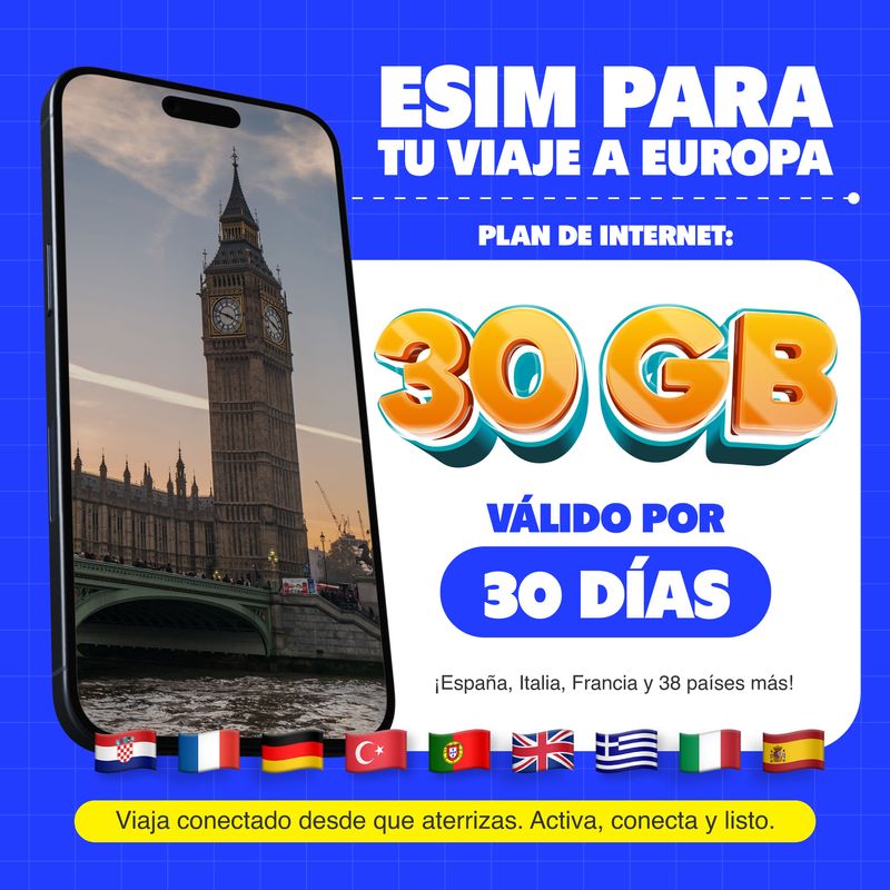 eSIM MIFI Europa 30 GB: internet para viajar 30 días frontal cobertura gigas