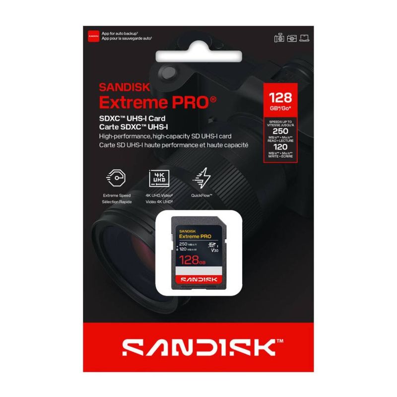 Memoria SD SanDisk Extreme PRO 128GB 250MB/s V30 U3 empaque