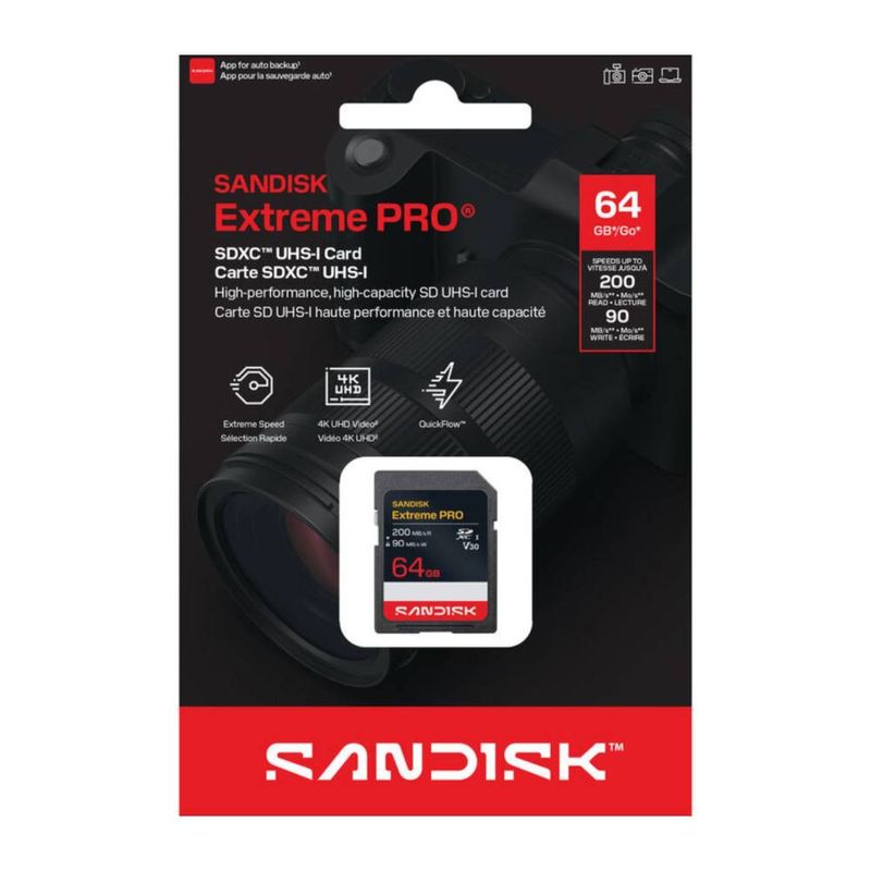 Memoria SD SanDisk Extreme PRO 64GB 200MB/s V30 U3 empaque