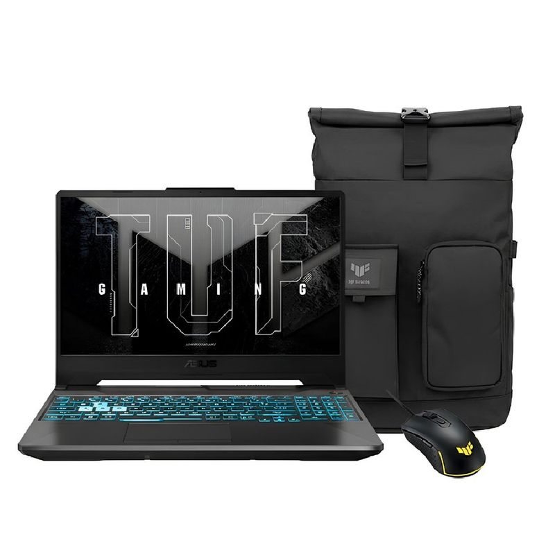 Laptop Asus TUF A15 RTX 3050 + mochila y mouse frontal equipo